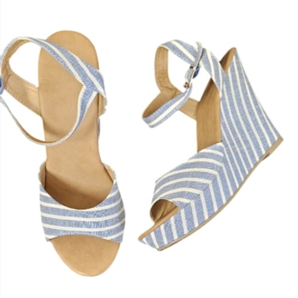 Striped Blue and White Wedge Sandals